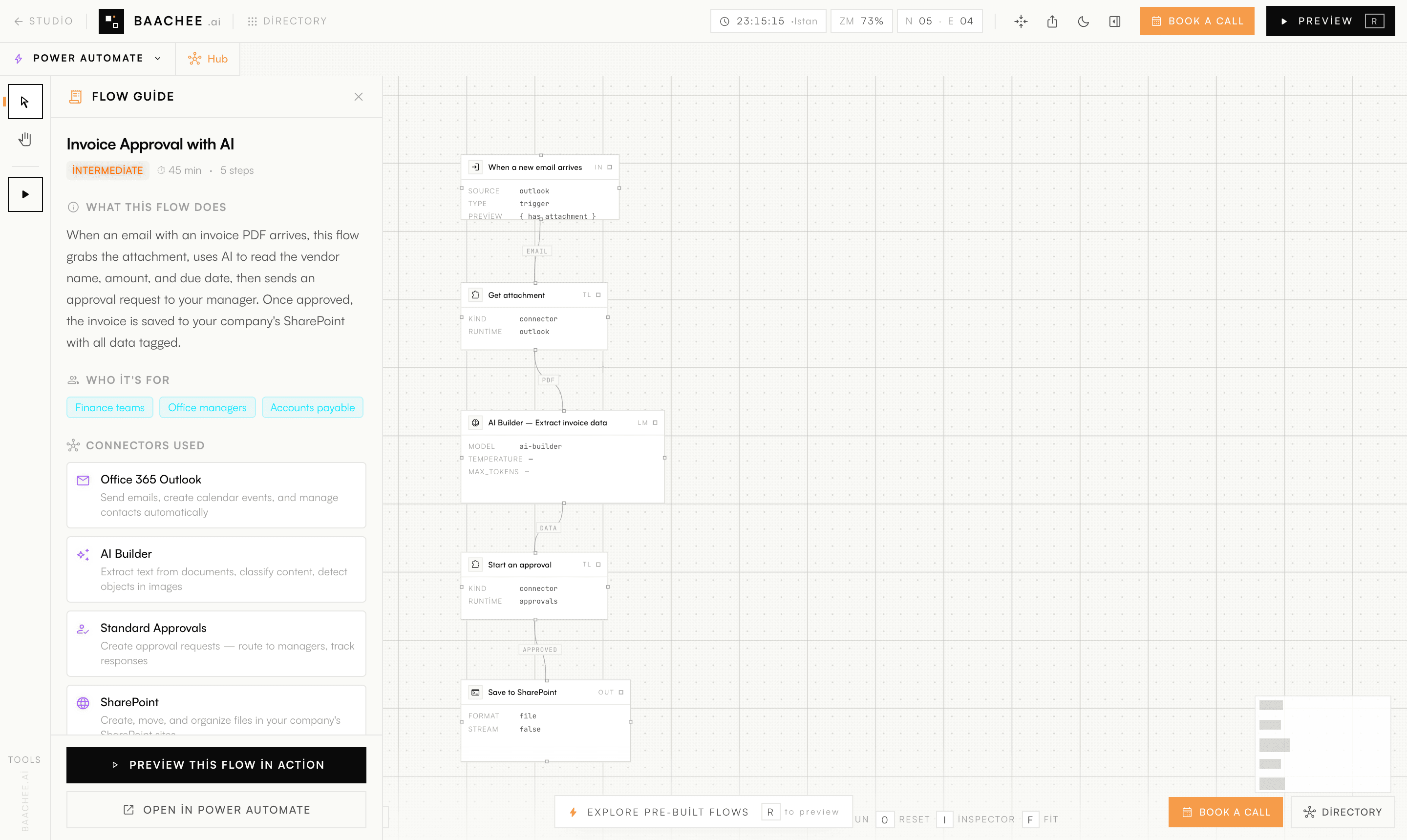 Canvas: the agent flow builder with a flow on the grid and the node inspector